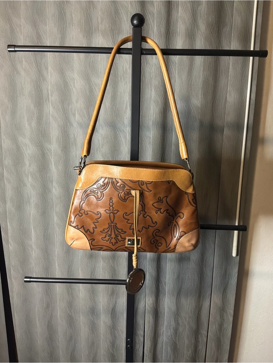 Sharif studio Handbags - Sharif studio Tooled Brown Leather Shoulder Bag with Tan Accents